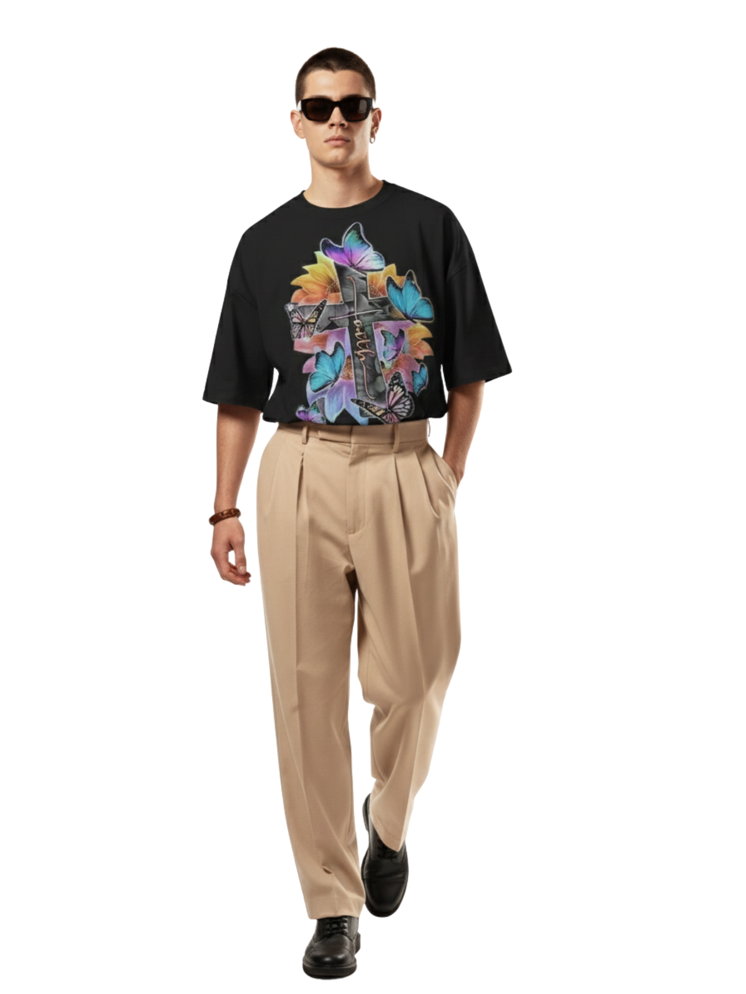 Oversized Black T-Shirt with Colorful Butterfly & Cross Graphic – Premium 260 GSM Pure Cotton Unisex Tee