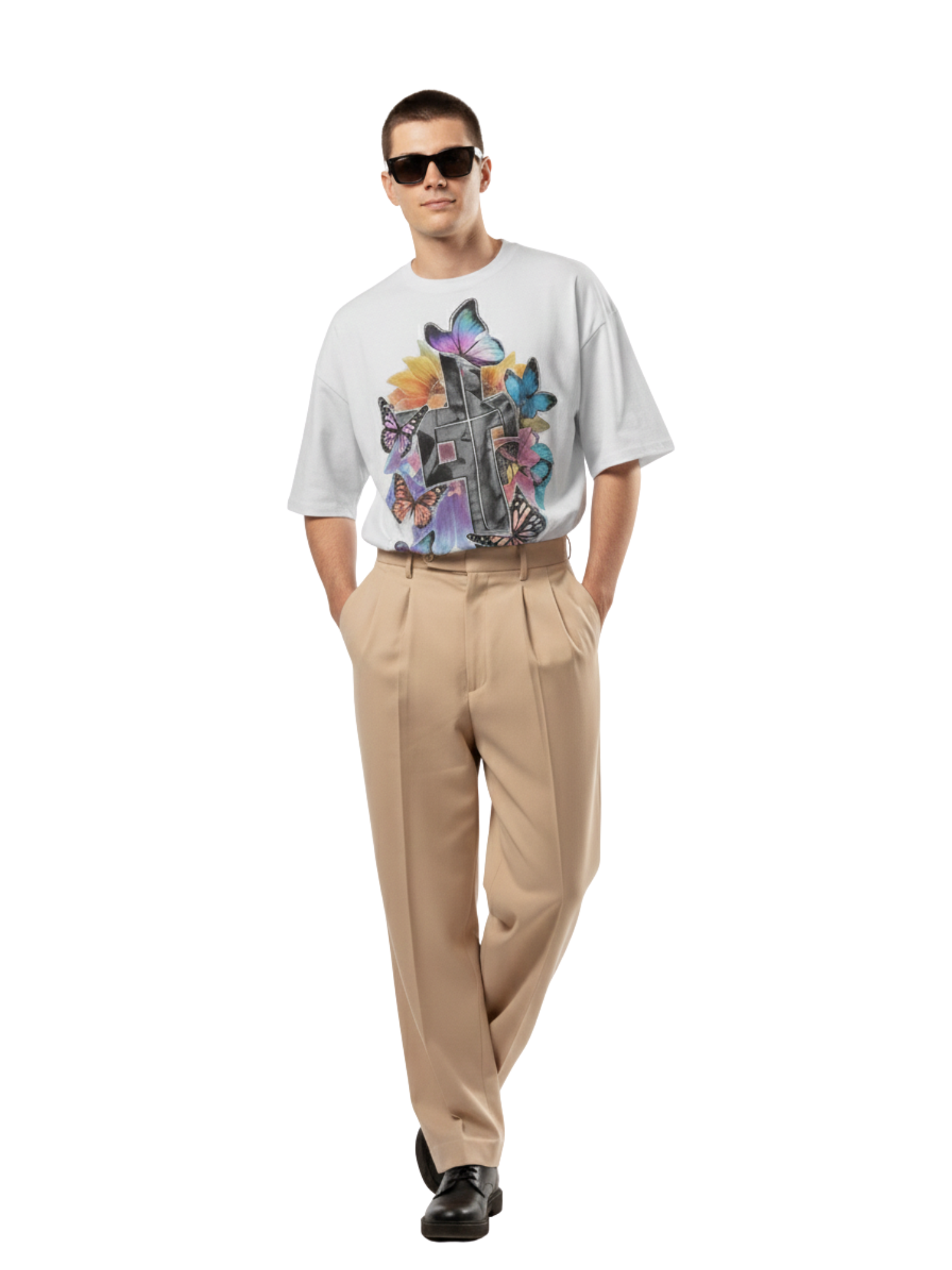 Oversized Black T-Shirt with Colorful Butterfly & Cross Graphic – Premium 260 GSM Pure Cotton Unisex Tee