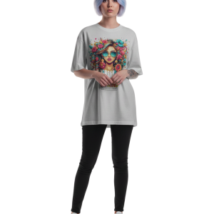 Oversized Light Grey T-Shirt with Colorful Floral Woman Graphic – Premium 260 GSM Pure Cotton Unisex Tee