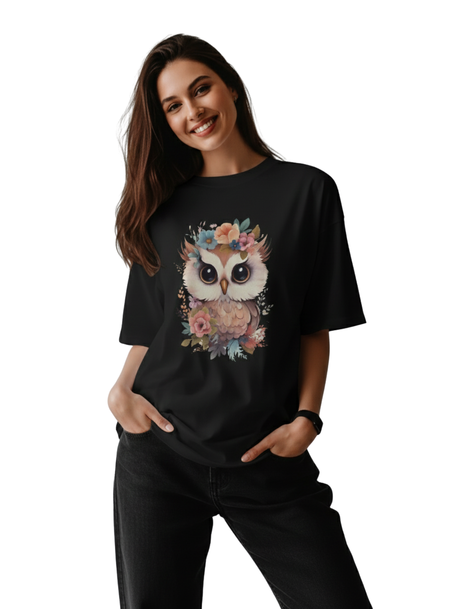 Oversized Black T-Shirt with Cute Floral Owl Graphic – Premium 260 GSM Pure Cotton Unisex Tee