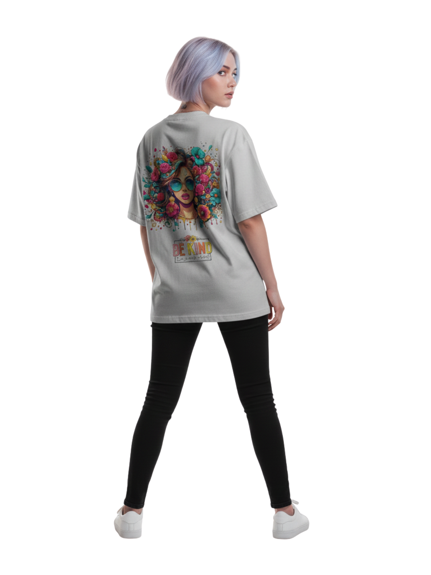 Oversized Light White T-Shirt with Floral Woman “Be Kind” Back Print – Premium 260 GSM Pure Cotton Unisex Tee