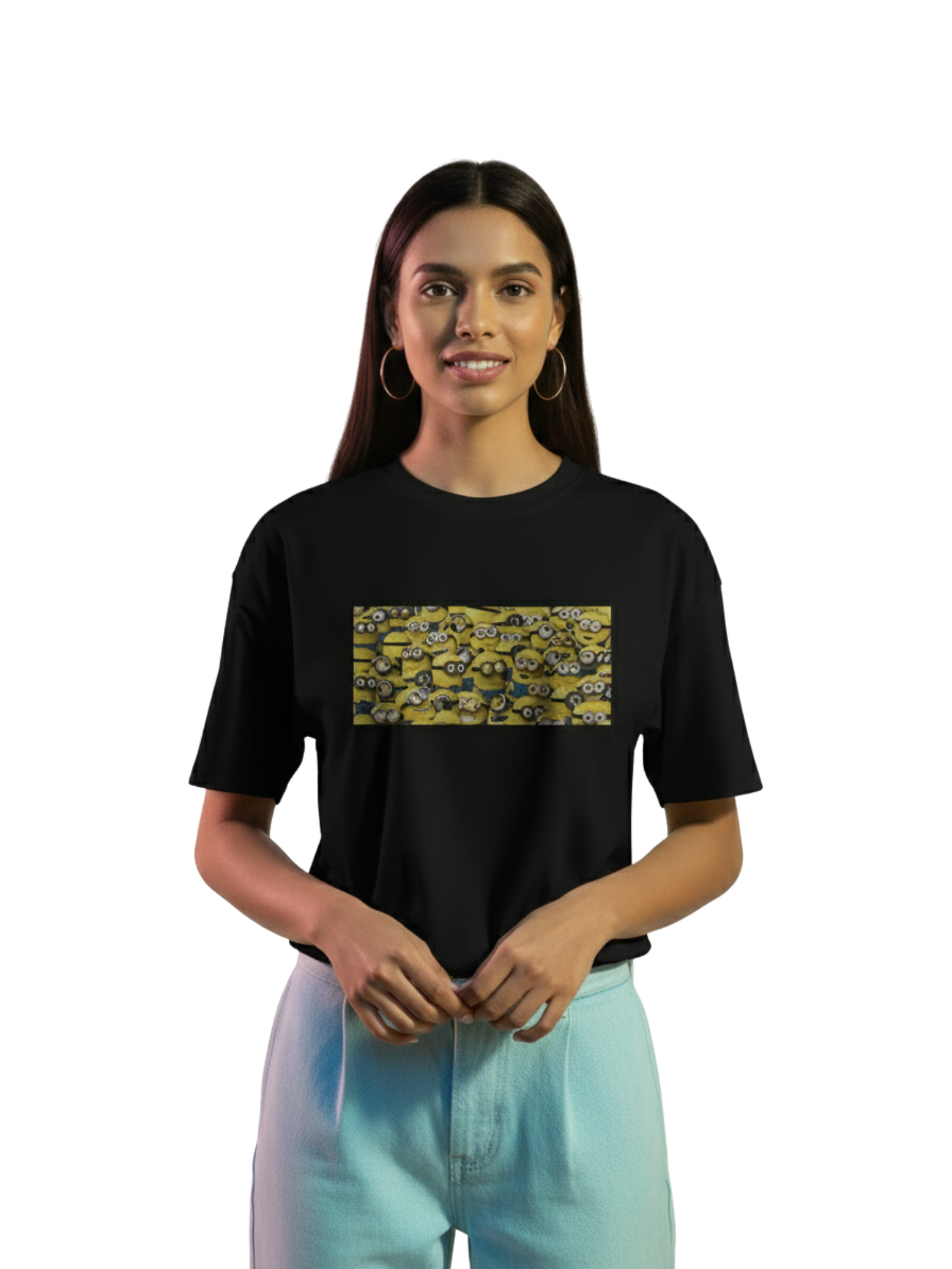 Oversized Black Cotton T-Shirt with Cartoon Yellow Print