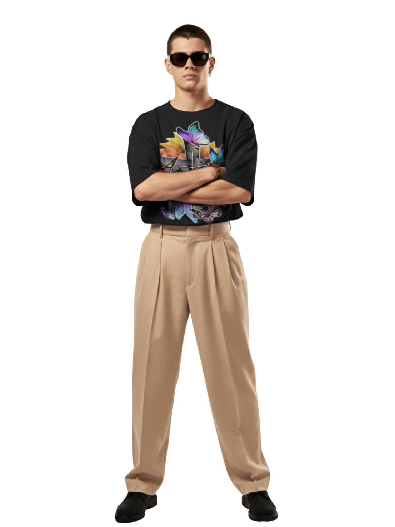 Oversized Black T-Shirt with Colorful Butterfly & Cross Graphic – Premium 260 GSM Pure Cotton Unisex Tee