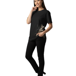 Oversized Black T-Shirt with Realistic Side Cat Face Print – Premium 260 GSM Pure Cotton Unisex Tee