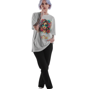Oversized Light Grey T-Shirt with Colorful Floral Woman Graphic – Premium 260 GSM Pure Cotton Unisex Tee