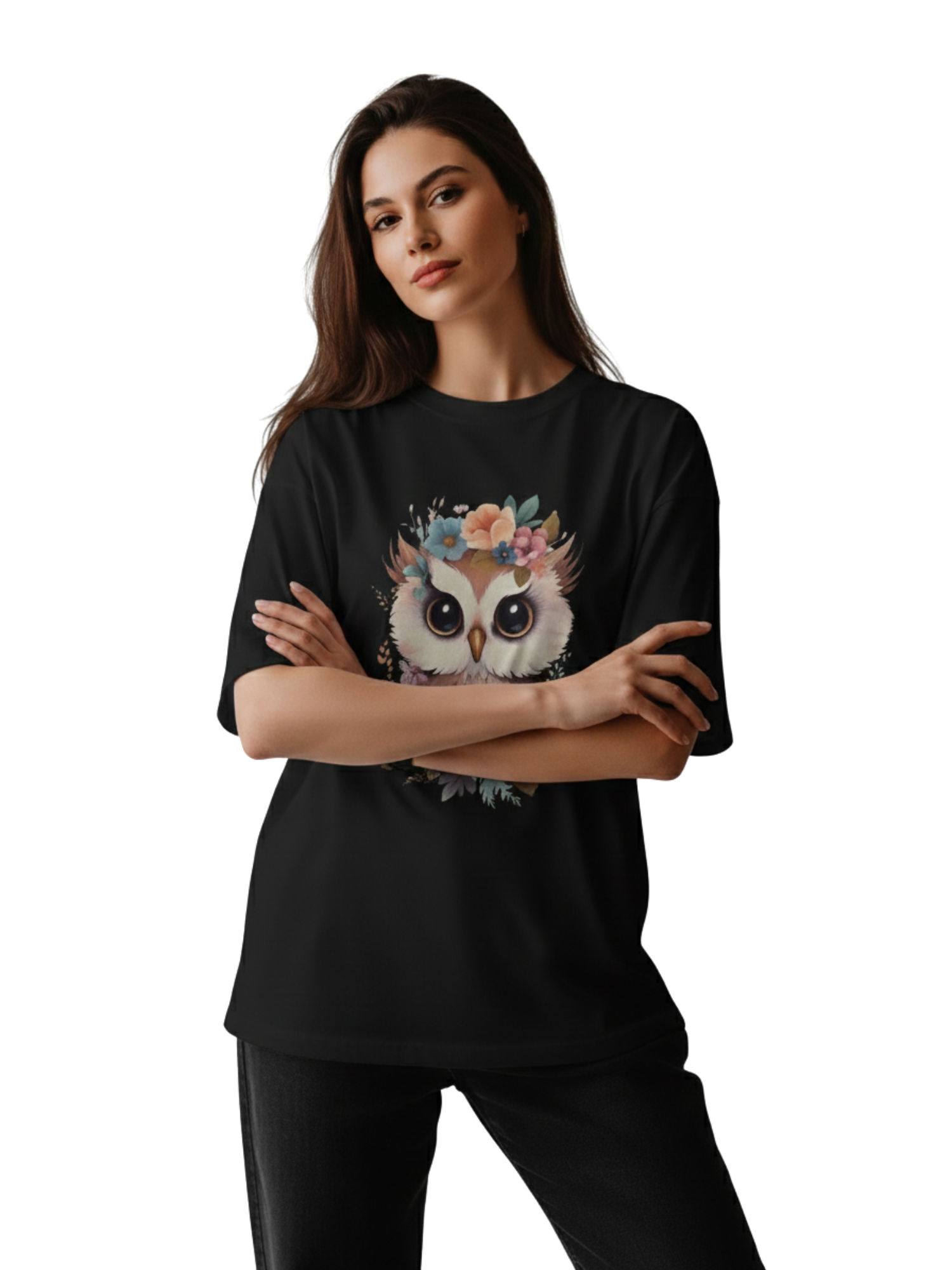 Oversized Black T-Shirt with Cute Floral Owl Graphic – Premium 260 GSM Pure Cotton Unisex Tee