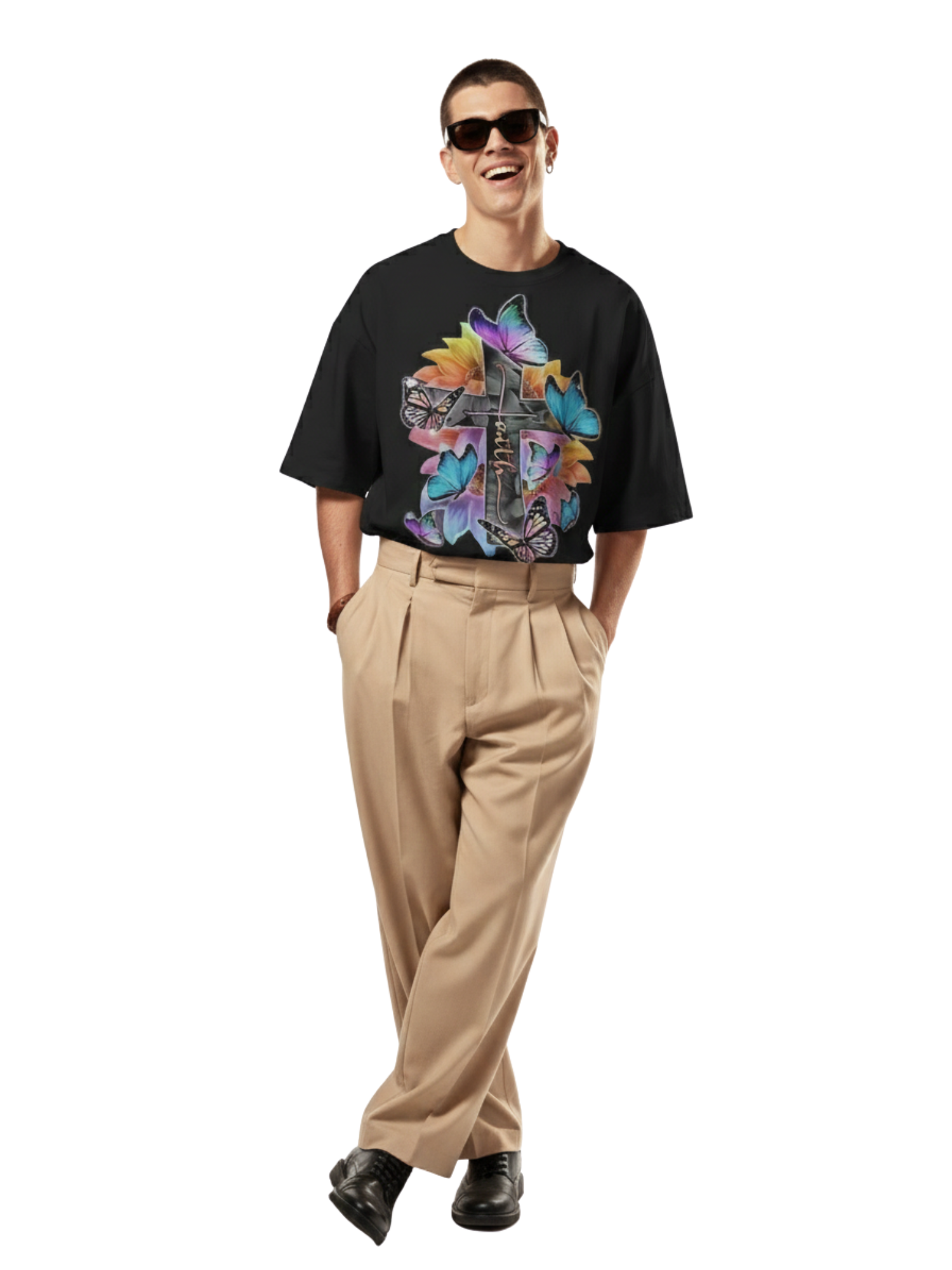 Oversized Black T-Shirt with Colorful Butterfly & Cross Graphic – Premium 260 GSM Pure Cotton Unisex Tee