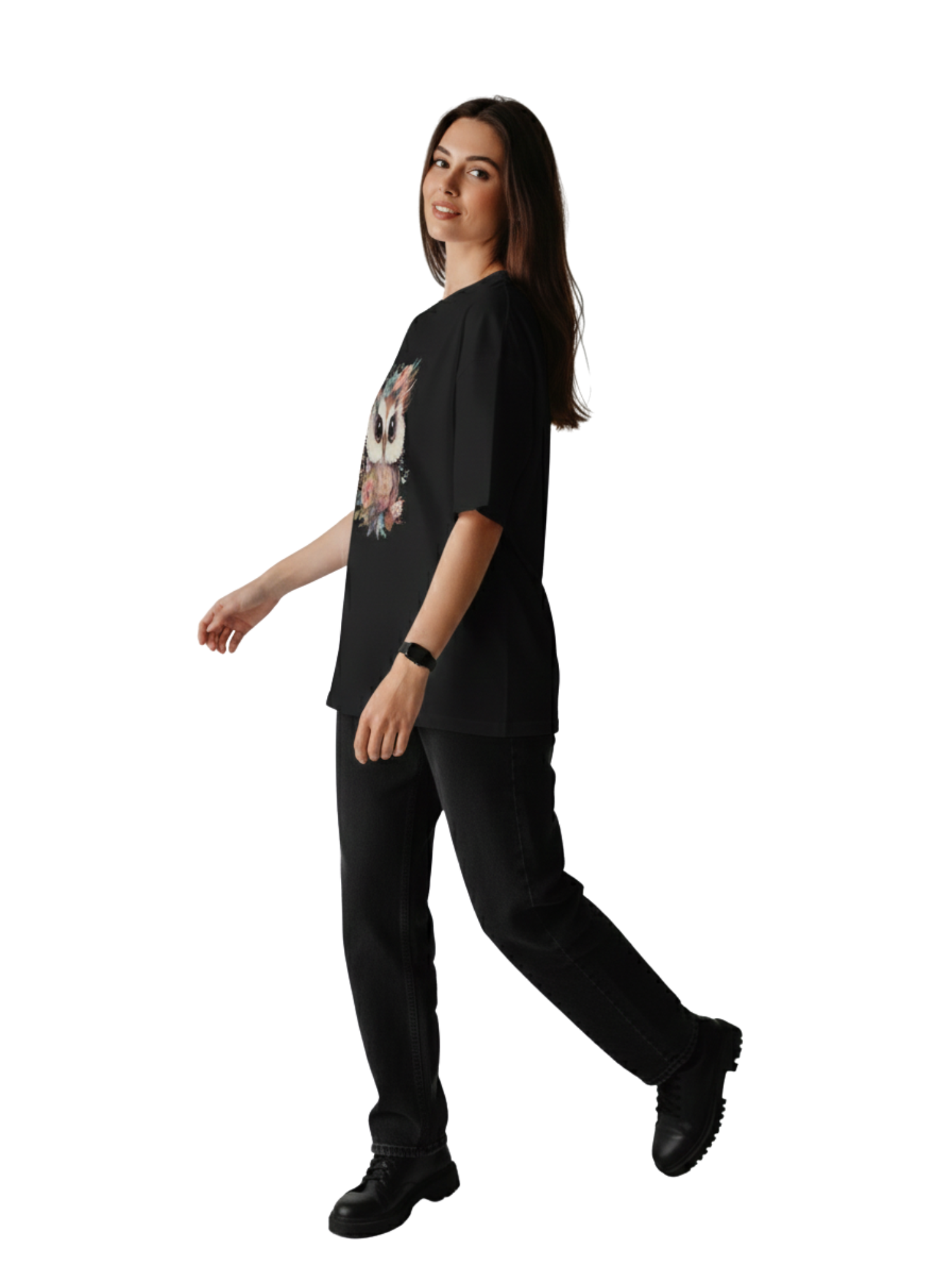 Oversized Black T-Shirt with Cute Floral Owl Graphic – Premium 260 GSM Pure Cotton Unisex Tee