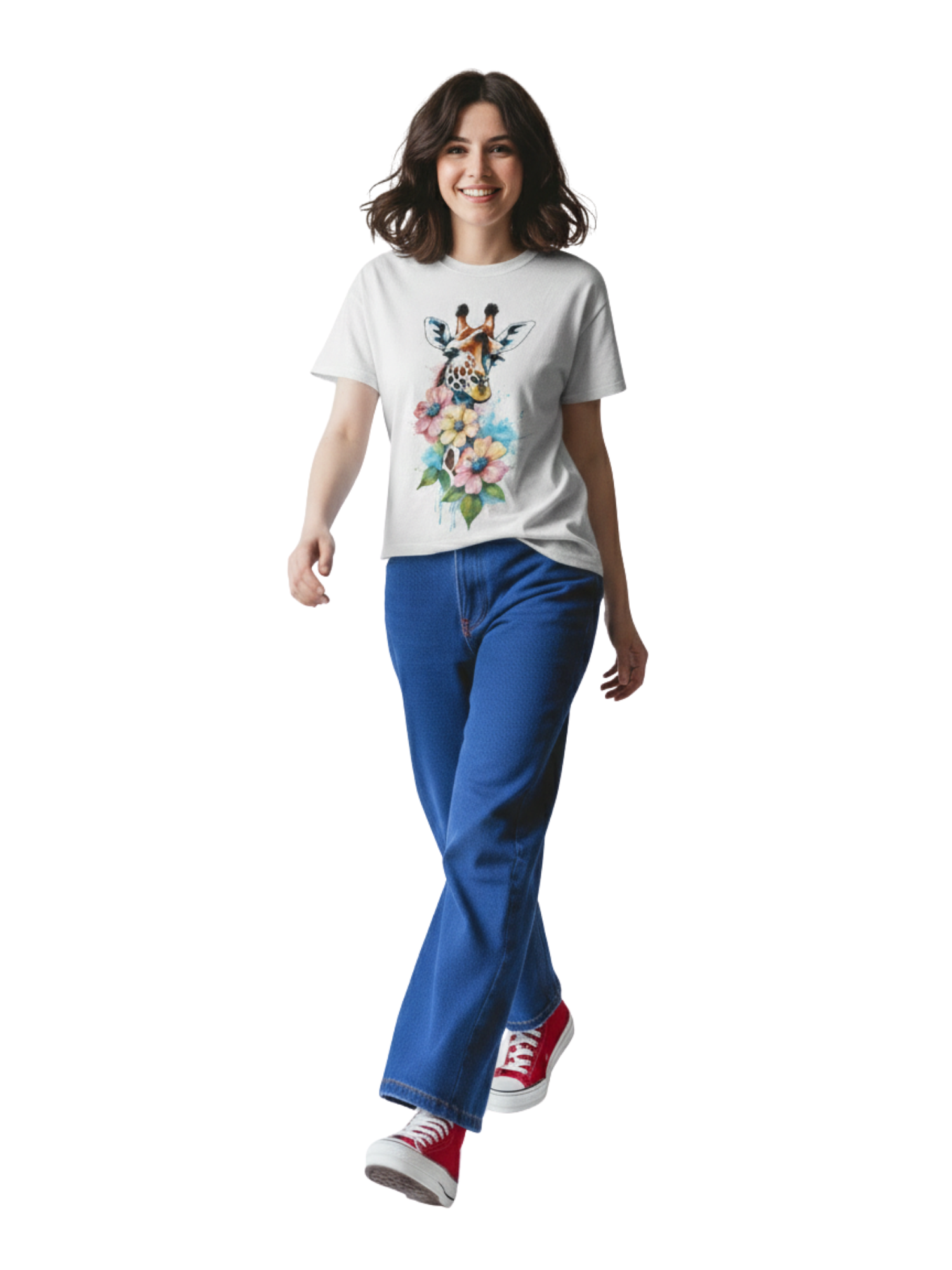 Giraffe Floral Graphic White T-Shirt for Women | Premium Cotton Artistic Print Tee