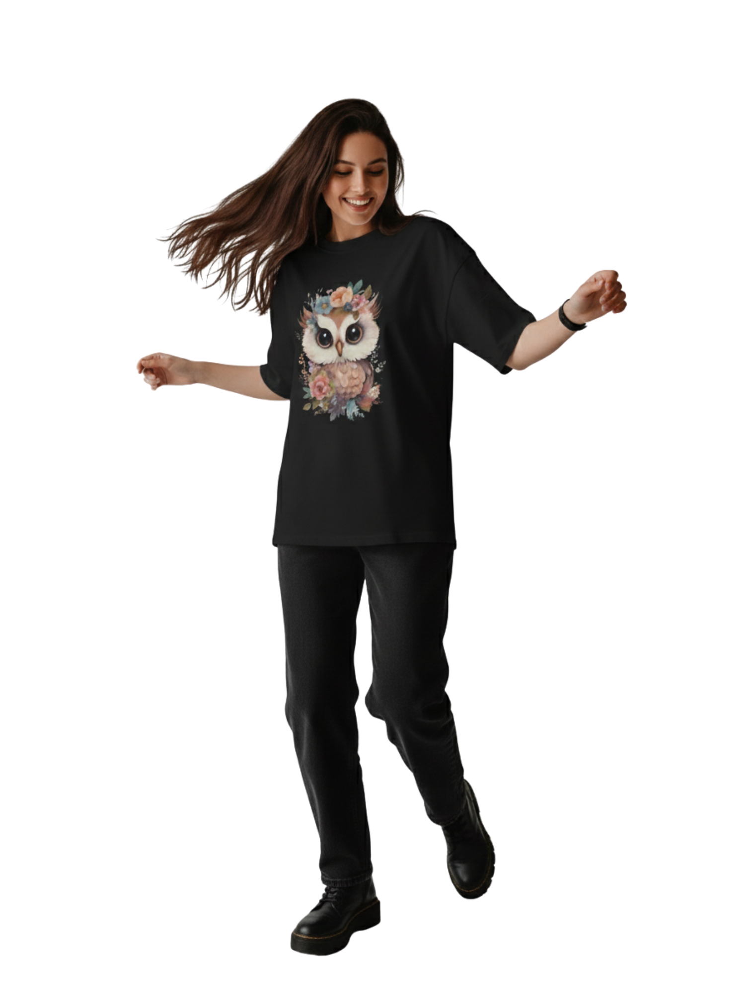 Oversized Black T-Shirt with Cute Floral Owl Graphic – Premium 260 GSM Pure Cotton Unisex Tee