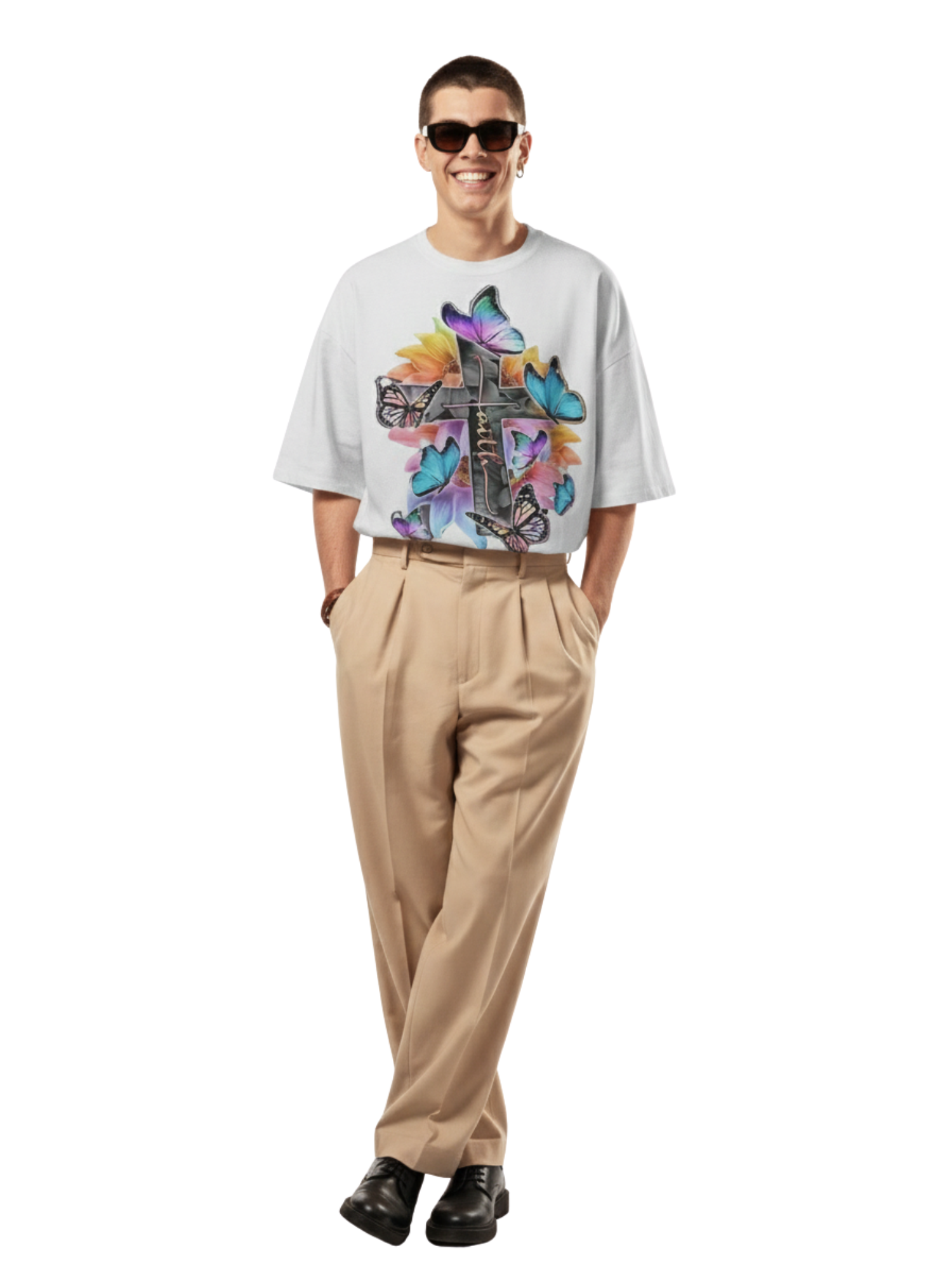 Oversized Black T-Shirt with Colorful Butterfly & Cross Graphic – Premium 260 GSM Pure Cotton Unisex Tee