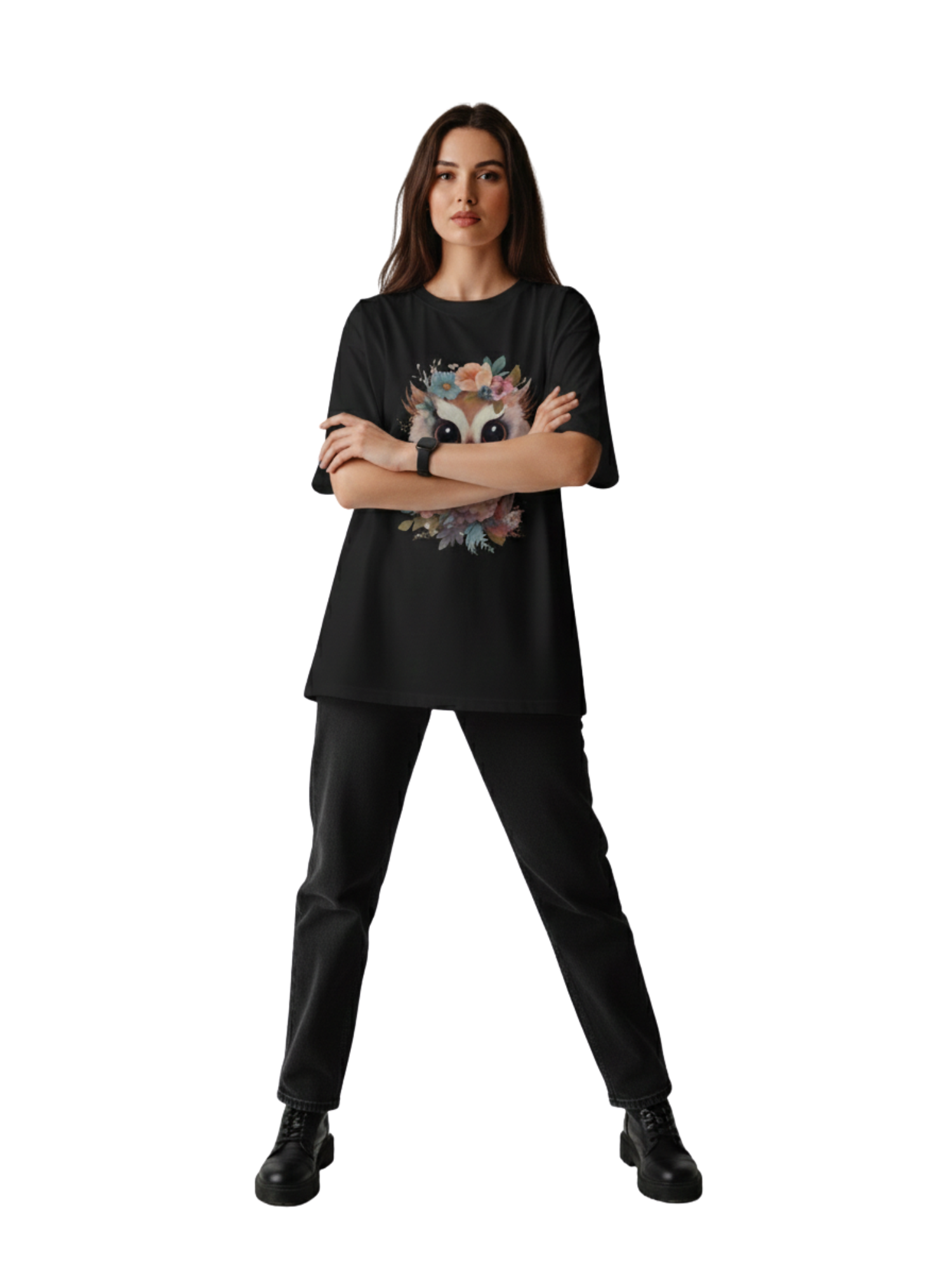 Oversized Black T-Shirt with Cute Floral Owl Graphic – Premium 260 GSM Pure Cotton Unisex Tee