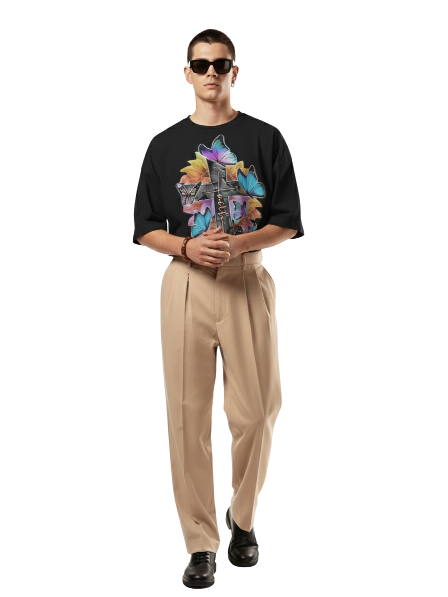 Oversized Black T-Shirt with Colorful Butterfly & Cross Graphic – Premium 260 GSM Pure Cotton Unisex Tee