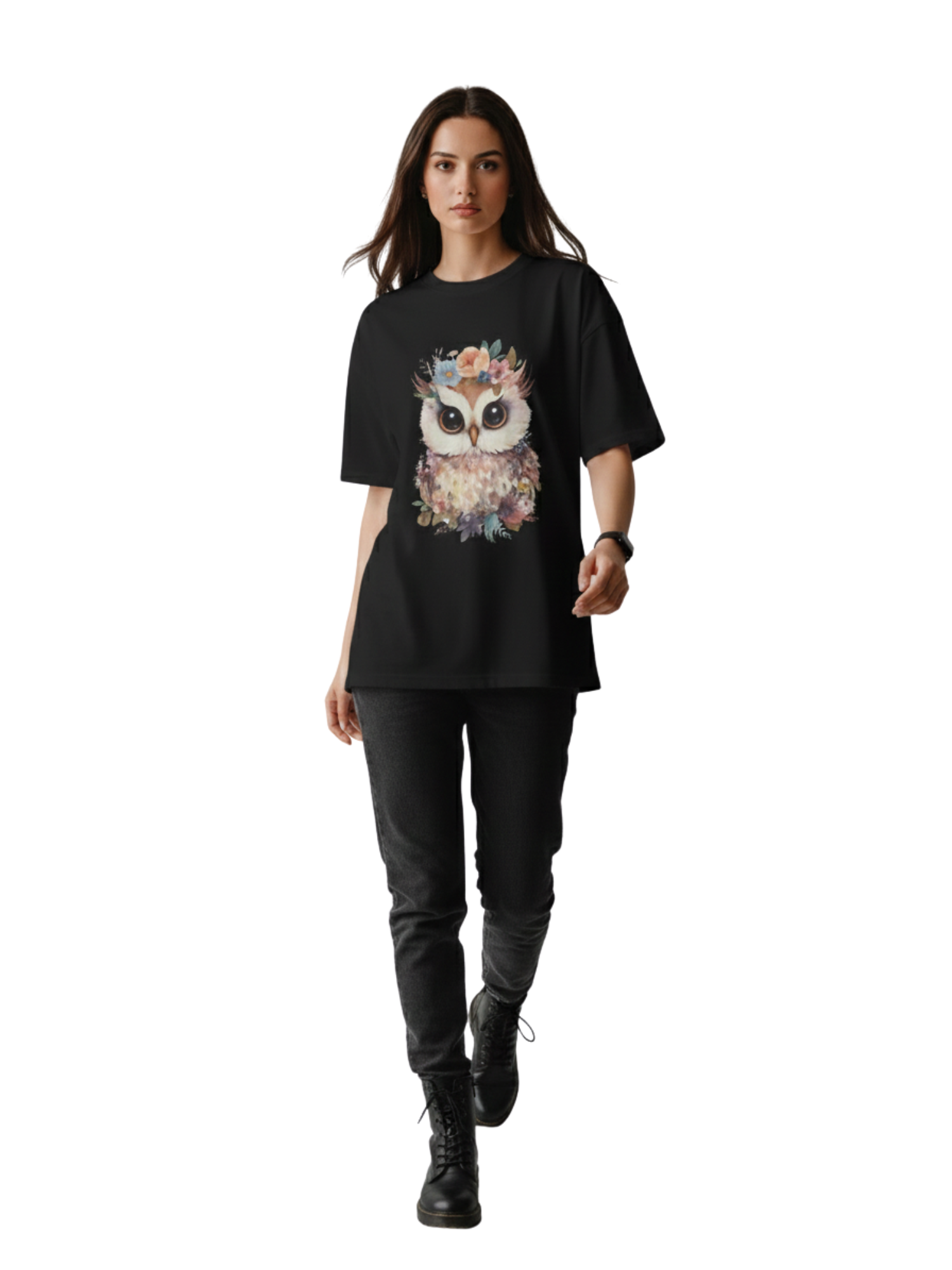 Oversized Black T-Shirt with Cute Floral Owl Graphic – Premium 260 GSM Pure Cotton Unisex Tee