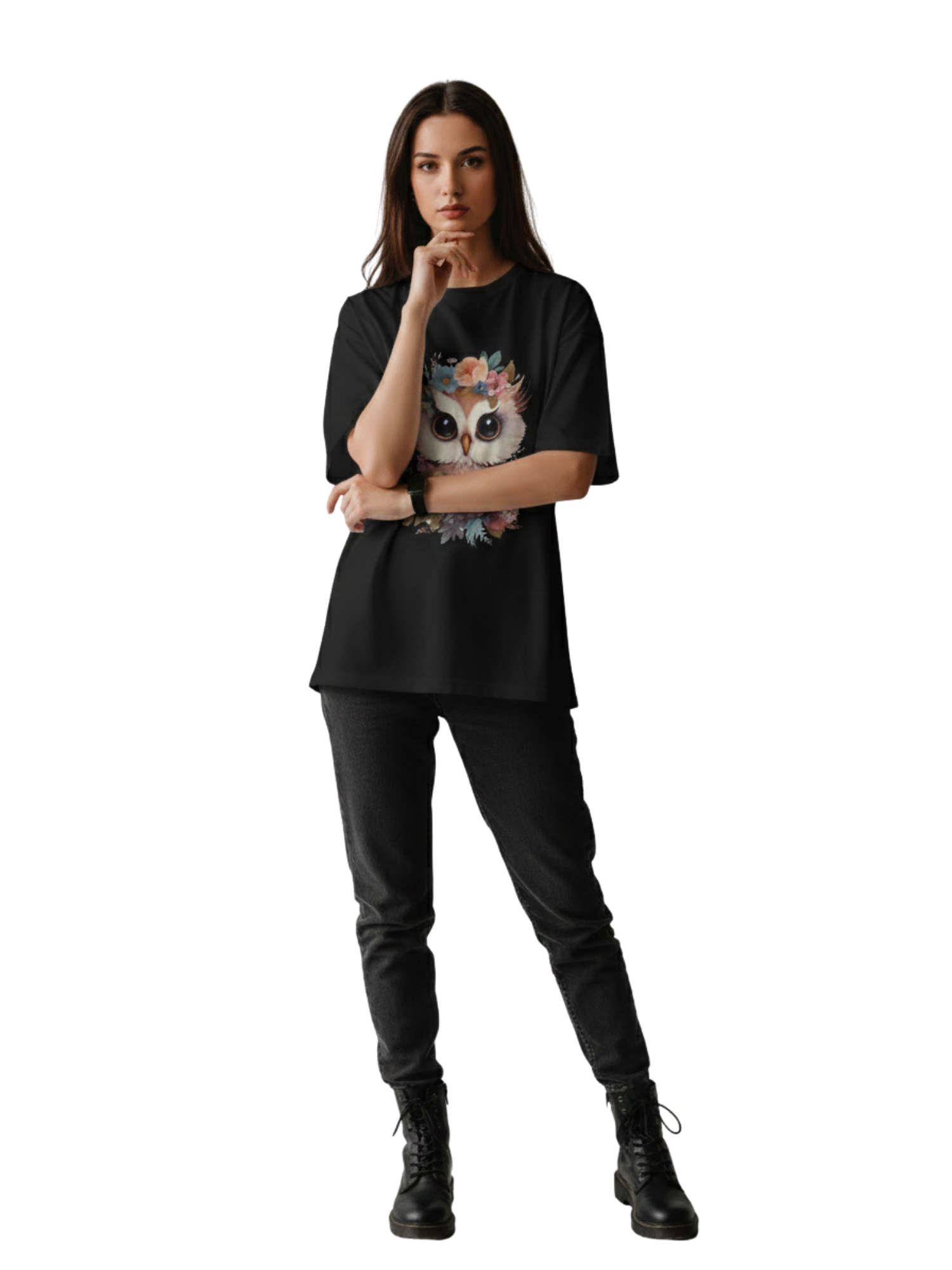 Oversized Black T-Shirt with Cute Floral Owl Graphic – Premium 260 GSM Pure Cotton Unisex Tee